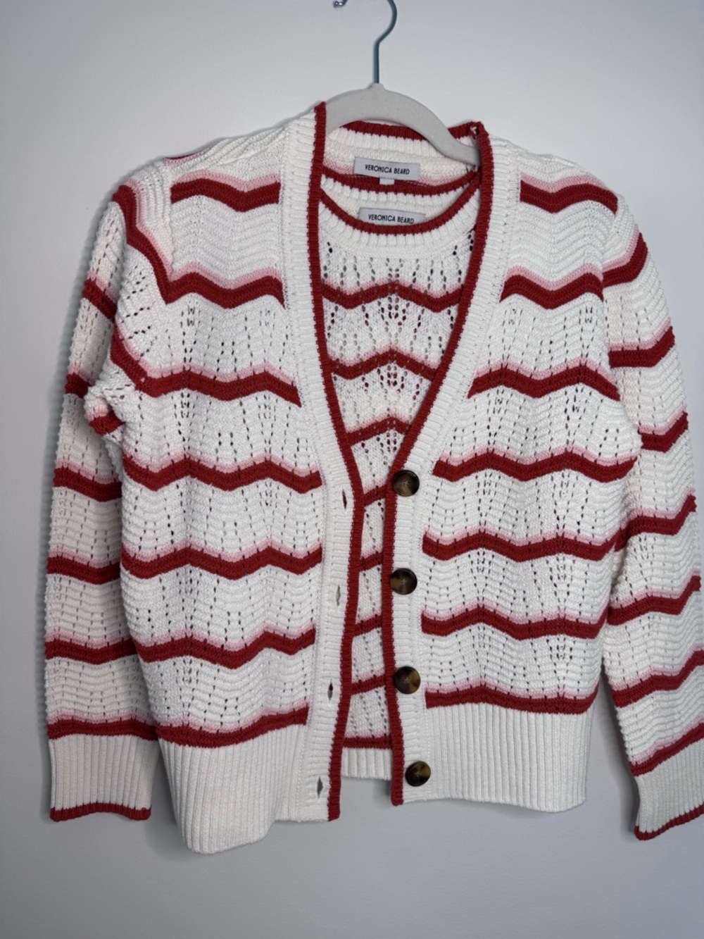 Veronica Beard White Crochet Shell and  Cardigan with Terracotta Stripe